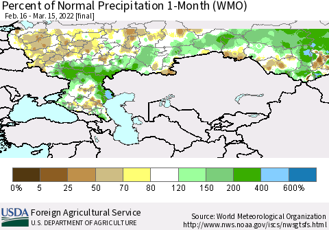 Russian Federation Percent of Normal Precipitation 1-Month (WMO) Thematic Map For 2/16/2022 - 3/15/2022