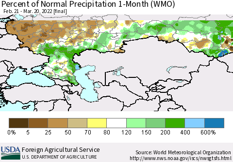 Russian Federation Percent of Normal Precipitation 1-Month (WMO) Thematic Map For 2/21/2022 - 3/20/2022