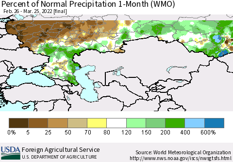 Russian Federation Percent of Normal Precipitation 1-Month (WMO) Thematic Map For 2/26/2022 - 3/25/2022