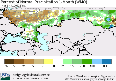 Russian Federation Percent of Normal Precipitation 1-Month (WMO) Thematic Map For 3/1/2022 - 3/31/2022
