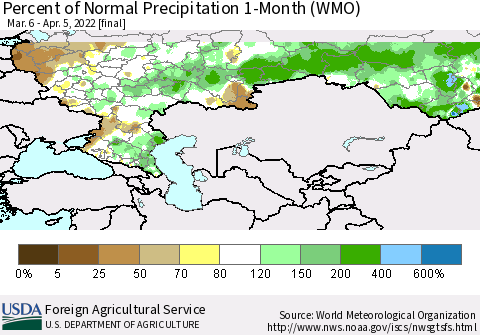 Russian Federation Percent of Normal Precipitation 1-Month (WMO) Thematic Map For 3/6/2022 - 4/5/2022