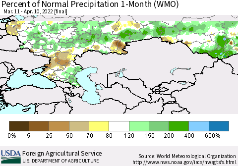 Russian Federation Percent of Normal Precipitation 1-Month (WMO) Thematic Map For 3/11/2022 - 4/10/2022