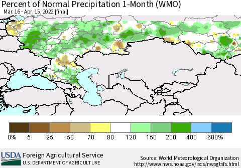Russian Federation Percent of Normal Precipitation 1-Month (WMO) Thematic Map For 3/16/2022 - 4/15/2022