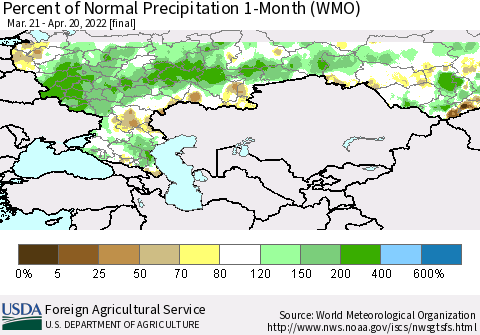 Russian Federation Percent of Normal Precipitation 1-Month (WMO) Thematic Map For 3/21/2022 - 4/20/2022
