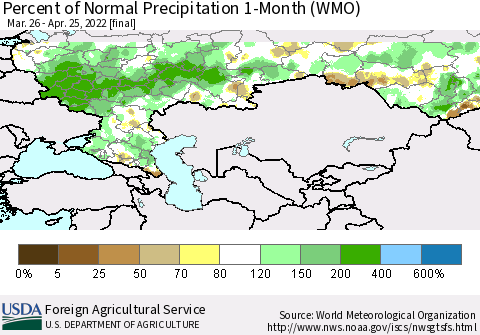 Russian Federation Percent of Normal Precipitation 1-Month (WMO) Thematic Map For 3/26/2022 - 4/25/2022
