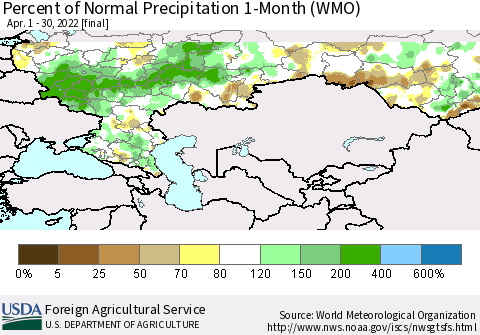 Russian Federation Percent of Normal Precipitation 1-Month (WMO) Thematic Map For 4/1/2022 - 4/30/2022