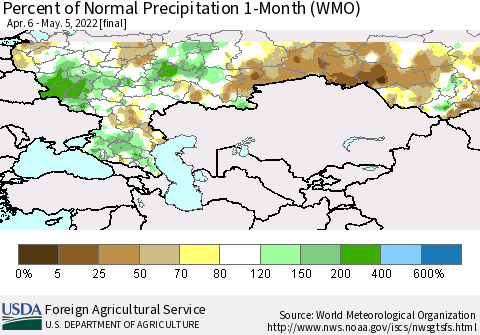 Russian Federation Percent of Normal Precipitation 1-Month (WMO) Thematic Map For 4/6/2022 - 5/5/2022
