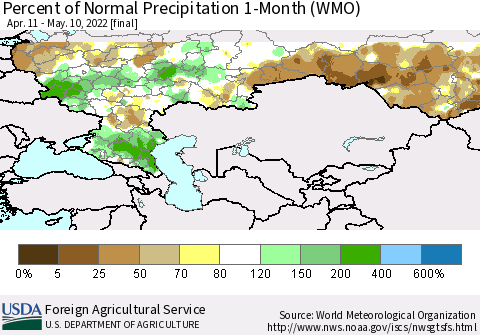 Russian Federation Percent of Normal Precipitation 1-Month (WMO) Thematic Map For 4/11/2022 - 5/10/2022