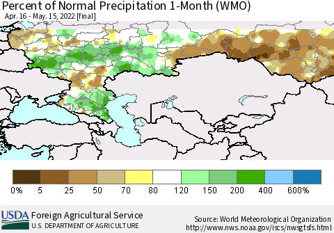 Russian Federation Percent of Normal Precipitation 1-Month (WMO) Thematic Map For 4/16/2022 - 5/15/2022