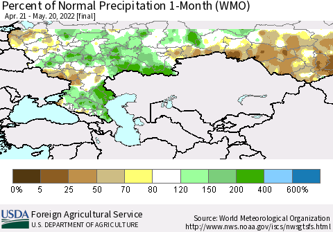 Russian Federation Percent of Normal Precipitation 1-Month (WMO) Thematic Map For 4/21/2022 - 5/20/2022