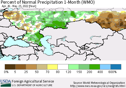 Russian Federation Percent of Normal Precipitation 1-Month (WMO) Thematic Map For 4/26/2022 - 5/25/2022