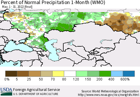 Russian Federation Percent of Normal Precipitation 1-Month (WMO) Thematic Map For 5/1/2022 - 5/31/2022