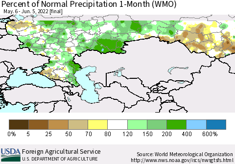 Russian Federation Percent of Normal Precipitation 1-Month (WMO) Thematic Map For 5/6/2022 - 6/5/2022
