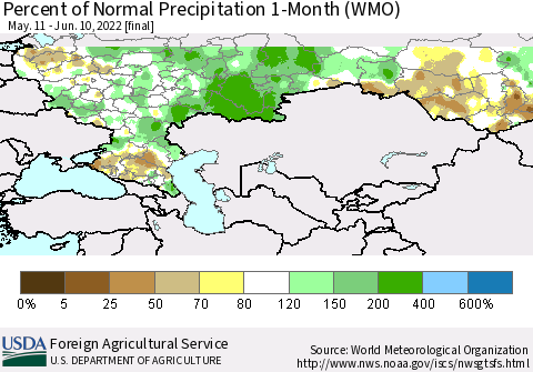 Russian Federation Percent of Normal Precipitation 1-Month (WMO) Thematic Map For 5/11/2022 - 6/10/2022