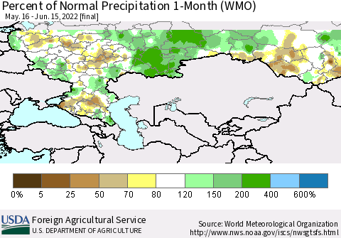 Russian Federation Percent of Normal Precipitation 1-Month (WMO) Thematic Map For 5/16/2022 - 6/15/2022