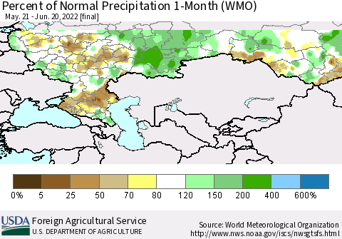 Russian Federation Percent of Normal Precipitation 1-Month (WMO) Thematic Map For 5/21/2022 - 6/20/2022