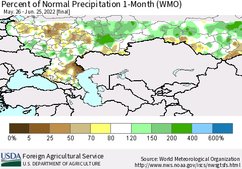 Russian Federation Percent of Normal Precipitation 1-Month (WMO) Thematic Map For 5/26/2022 - 6/25/2022