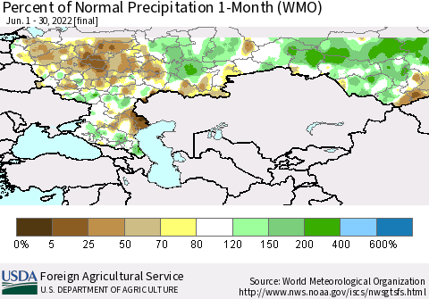 Russian Federation Percent of Normal Precipitation 1-Month (WMO) Thematic Map For 6/1/2022 - 6/30/2022