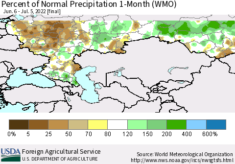 Russian Federation Percent of Normal Precipitation 1-Month (WMO) Thematic Map For 6/6/2022 - 7/5/2022