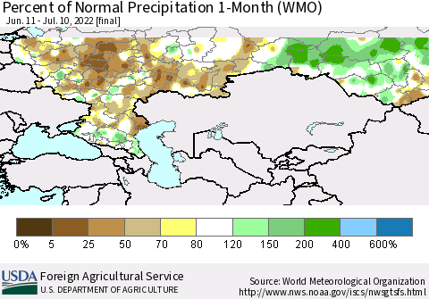 Russian Federation Percent of Normal Precipitation 1-Month (WMO) Thematic Map For 6/11/2022 - 7/10/2022