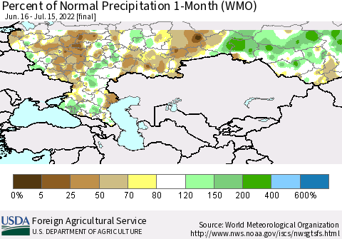 Russian Federation Percent of Normal Precipitation 1-Month (WMO) Thematic Map For 6/16/2022 - 7/15/2022