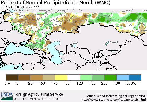 Russian Federation Percent of Normal Precipitation 1-Month (WMO) Thematic Map For 6/21/2022 - 7/20/2022