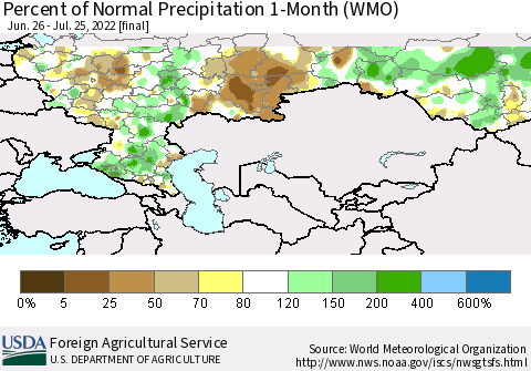 Russian Federation Percent of Normal Precipitation 1-Month (WMO) Thematic Map For 6/26/2022 - 7/25/2022