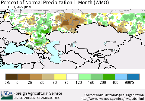 Russian Federation Percent of Normal Precipitation 1-Month (WMO) Thematic Map For 7/1/2022 - 7/31/2022