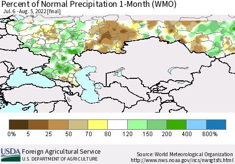 Russian Federation Percent of Normal Precipitation 1-Month (WMO) Thematic Map For 7/6/2022 - 8/5/2022