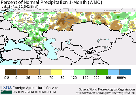 Russian Federation Percent of Normal Precipitation 1-Month (WMO) Thematic Map For 7/11/2022 - 8/10/2022
