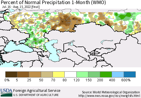 Russian Federation Percent of Normal Precipitation 1-Month (WMO) Thematic Map For 7/16/2022 - 8/15/2022