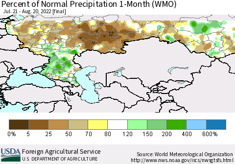 Russian Federation Percent of Normal Precipitation 1-Month (WMO) Thematic Map For 7/21/2022 - 8/20/2022