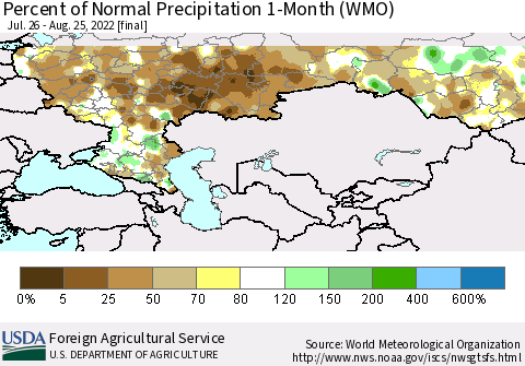 Russian Federation Percent of Normal Precipitation 1-Month (WMO) Thematic Map For 7/26/2022 - 8/25/2022