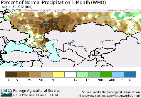 Russian Federation Percent of Normal Precipitation 1-Month (WMO) Thematic Map For 8/1/2022 - 8/31/2022