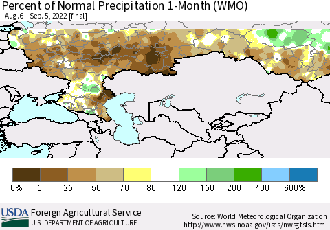 Russian Federation Percent of Normal Precipitation 1-Month (WMO) Thematic Map For 8/6/2022 - 9/5/2022