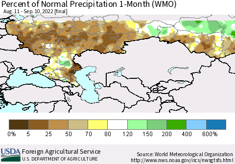 Russian Federation Percent of Normal Precipitation 1-Month (WMO) Thematic Map For 8/11/2022 - 9/10/2022