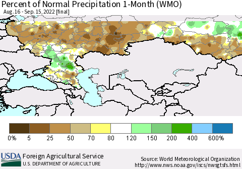 Russian Federation Percent of Normal Precipitation 1-Month (WMO) Thematic Map For 8/16/2022 - 9/15/2022