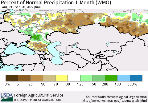Russian Federation Percent of Normal Precipitation 1-Month (WMO) Thematic Map For 8/21/2022 - 9/20/2022