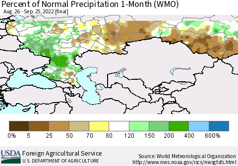 Russian Federation Percent of Normal Precipitation 1-Month (WMO) Thematic Map For 8/26/2022 - 9/25/2022