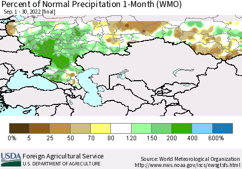 Russian Federation Percent of Normal Precipitation 1-Month (WMO) Thematic Map For 9/1/2022 - 9/30/2022