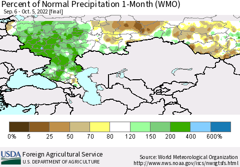 Russian Federation Percent of Normal Precipitation 1-Month (WMO) Thematic Map For 9/6/2022 - 10/5/2022