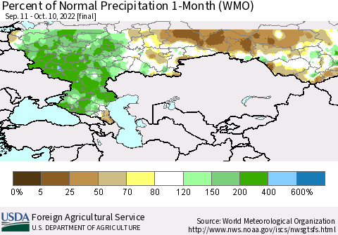 Russian Federation Percent of Normal Precipitation 1-Month (WMO) Thematic Map For 9/11/2022 - 10/10/2022