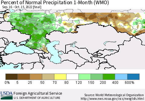 Russian Federation Percent of Normal Precipitation 1-Month (WMO) Thematic Map For 9/16/2022 - 10/15/2022