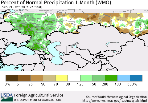 Russian Federation Percent of Normal Precipitation 1-Month (WMO) Thematic Map For 9/21/2022 - 10/20/2022