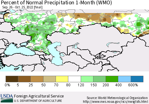 Russian Federation Percent of Normal Precipitation 1-Month (WMO) Thematic Map For 9/26/2022 - 10/25/2022