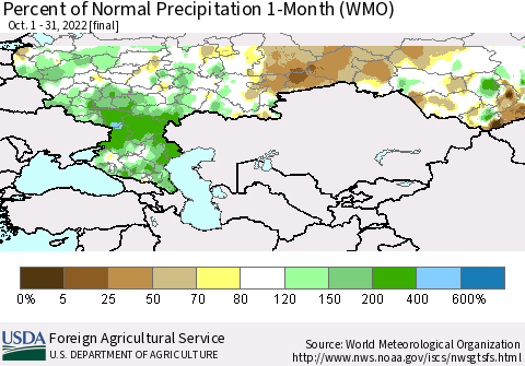 Russian Federation Percent of Normal Precipitation 1-Month (WMO) Thematic Map For 10/1/2022 - 10/31/2022