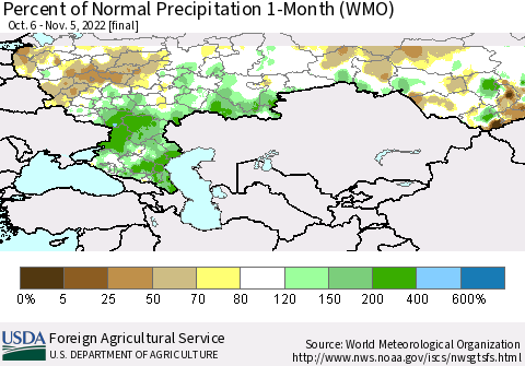 Russian Federation Percent of Normal Precipitation 1-Month (WMO) Thematic Map For 10/6/2022 - 11/5/2022