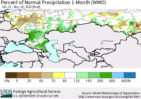 Russian Federation Percent of Normal Precipitation 1-Month (WMO) Thematic Map For 10/11/2022 - 11/10/2022