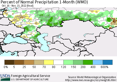 Russian Federation Percent of Normal Precipitation 1-Month (WMO) Thematic Map For 10/16/2022 - 11/15/2022