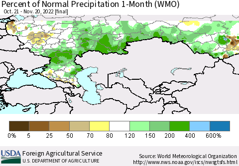 Russian Federation Percent of Normal Precipitation 1-Month (WMO) Thematic Map For 10/21/2022 - 11/20/2022